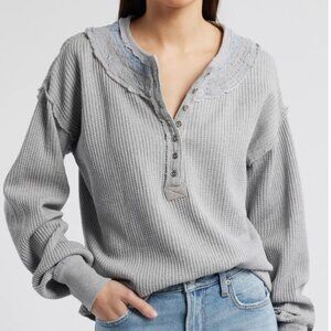 Free People Holly Embroidered Henley Waffle Knit Thermal Top NWT $98 XS, Medium
